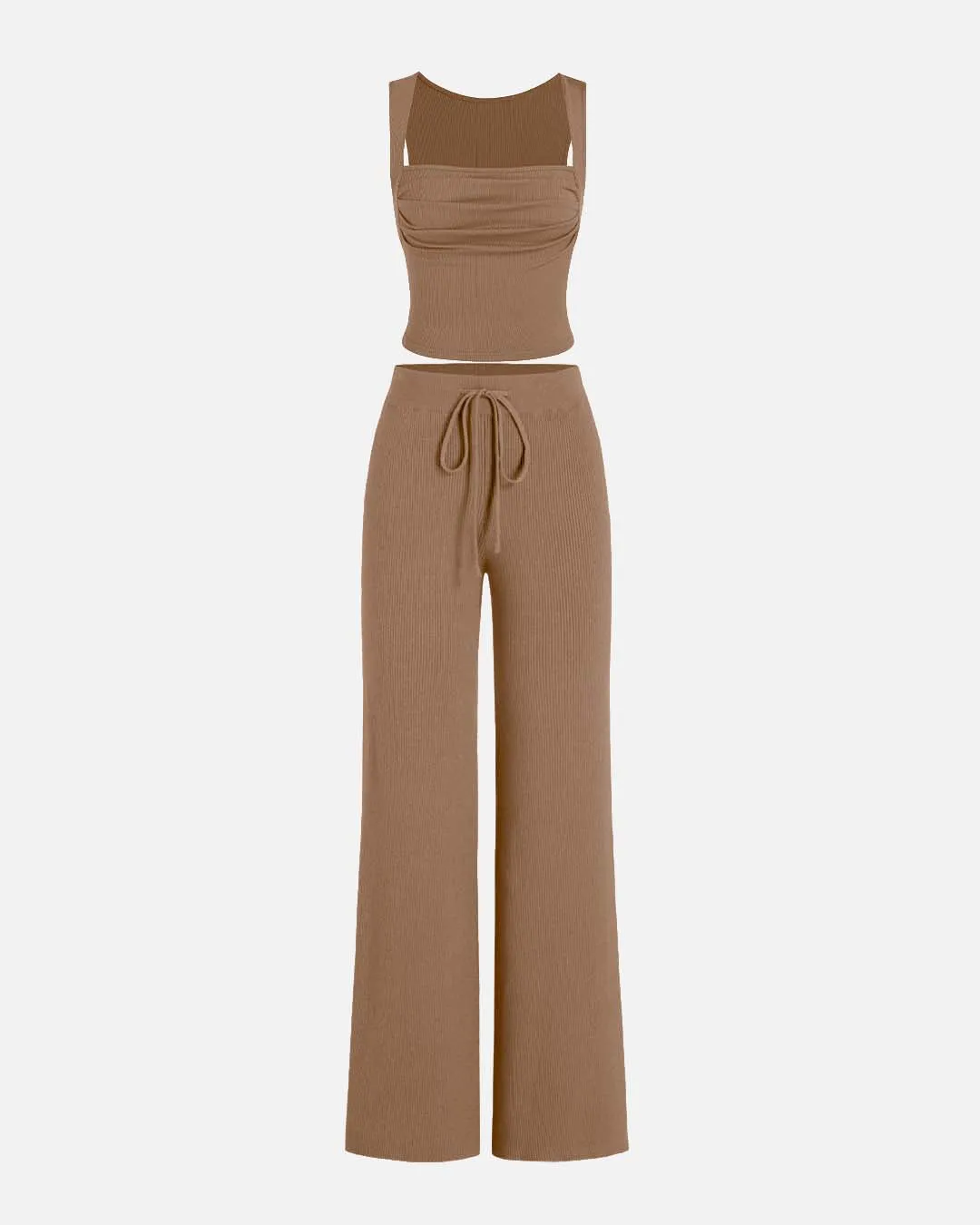 Set Of Two Ruched Square Neck Crop Top With Trouser In Light Brown