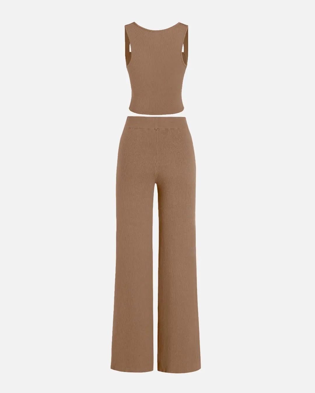 Set Of Two Ruched Square Neck Crop Top With Trouser In Light Brown