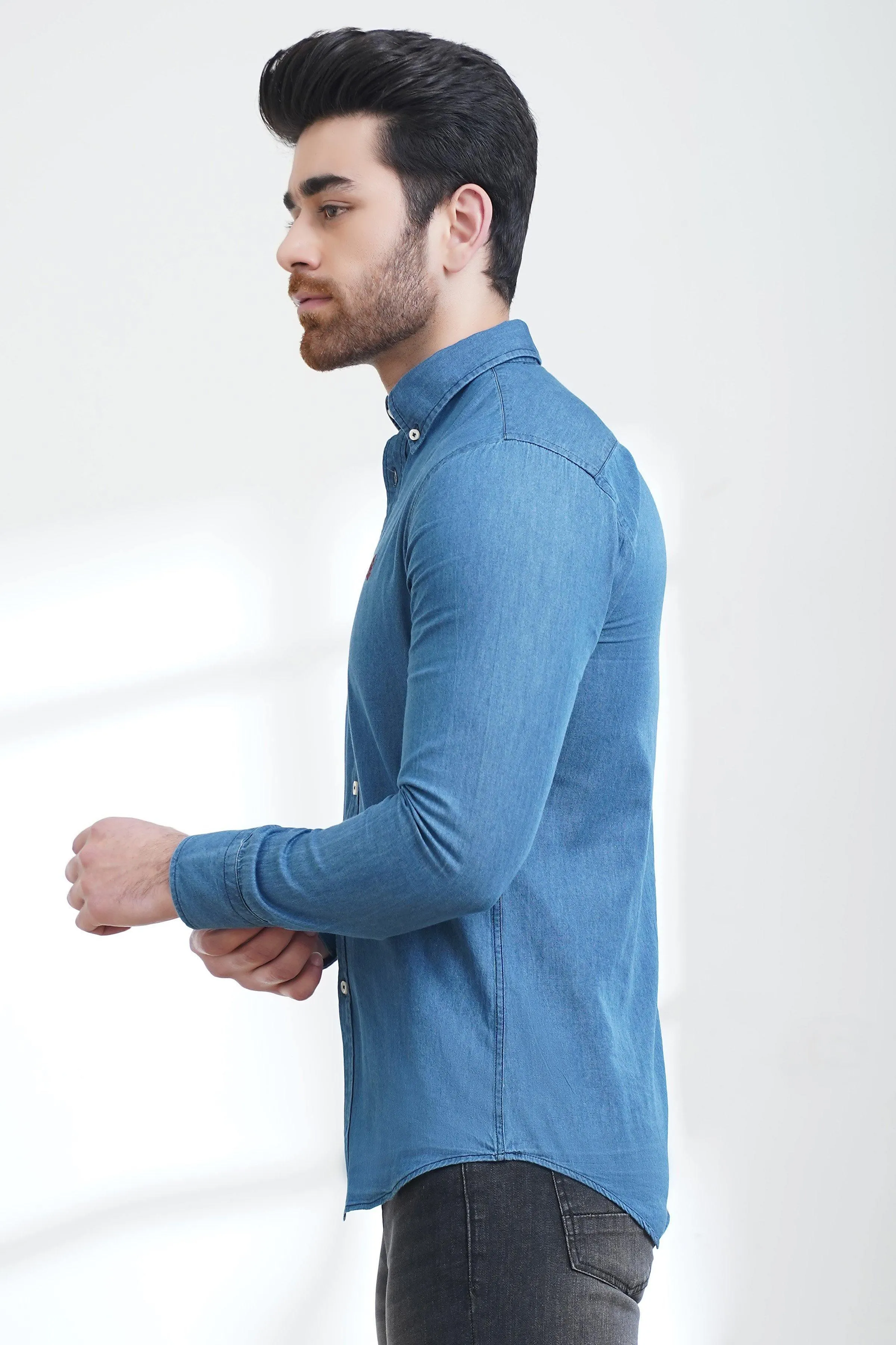 SMART INDIGO DENIM SHIRT BUTTON DOWN FULL SLEEVE DENIM BLUE