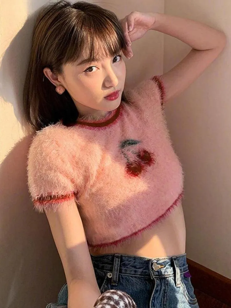 Soft Girl Cherry Fluffy Crop Top