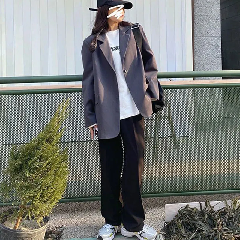 Spring Autumn Long Sleeve Loose Suit Chic Gray Coats