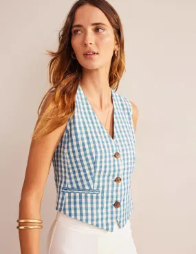 Tailored Linen Waistcoat-Blue and White Gingham