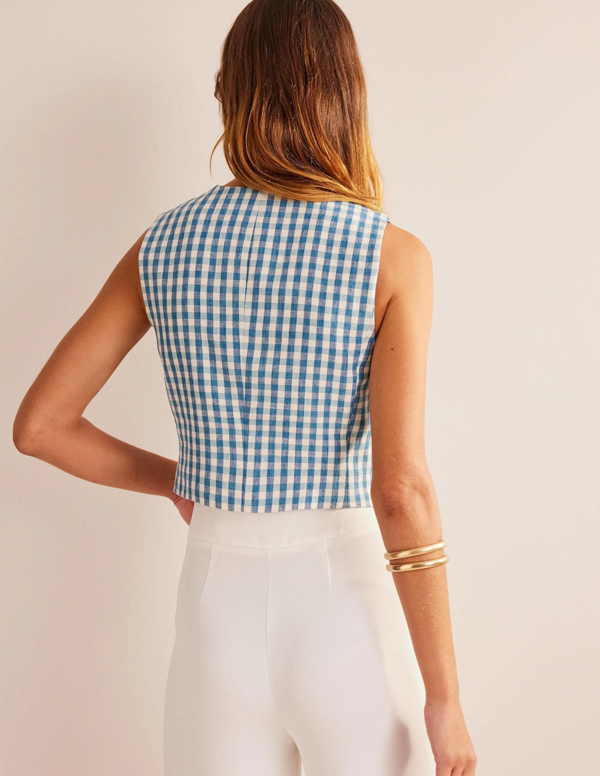 Tailored Linen Waistcoat-Blue and White Gingham