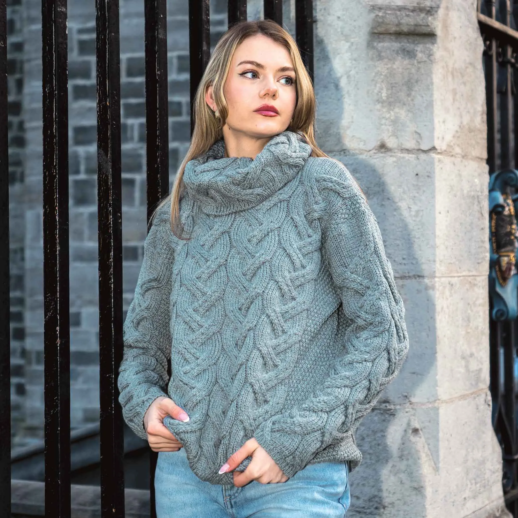 Thick Turtleneck Aran Knit Sweater- Denim Blue