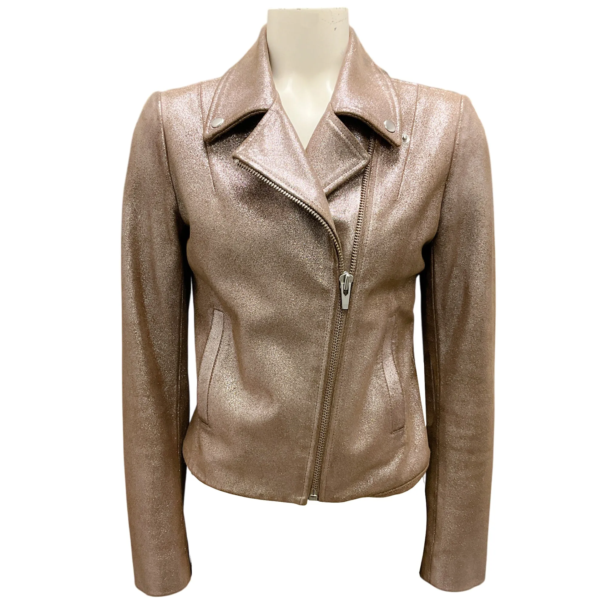 Veda Taupe Metallic Moto Zip Leather Jacket