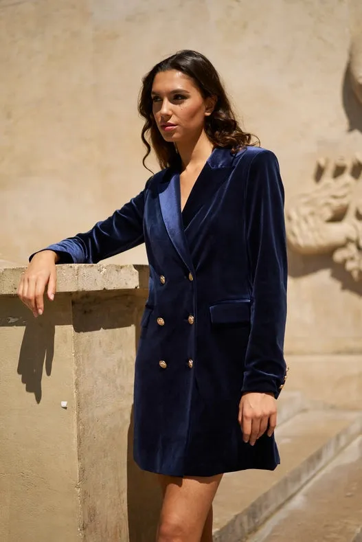 Velvet Double Breasted Jacket Dress Navy