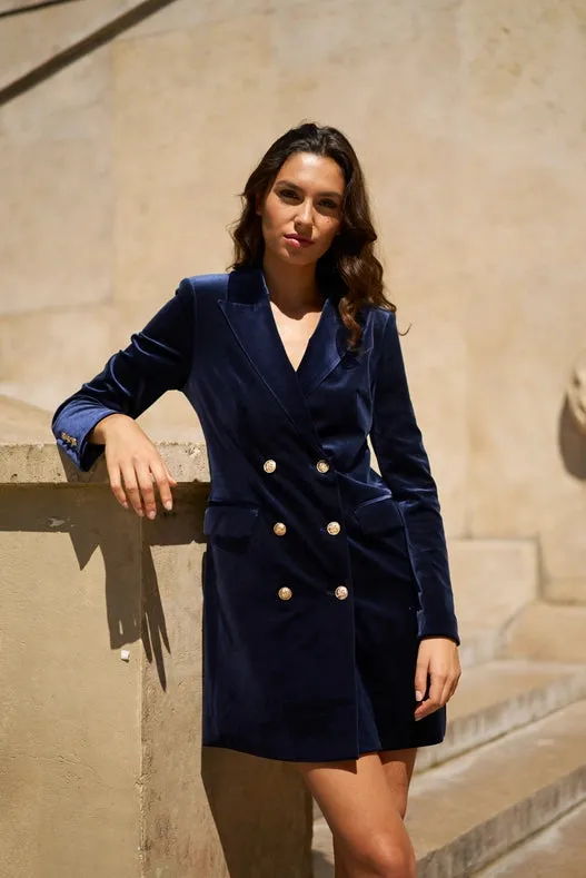 Velvet Double Breasted Jacket Dress Navy