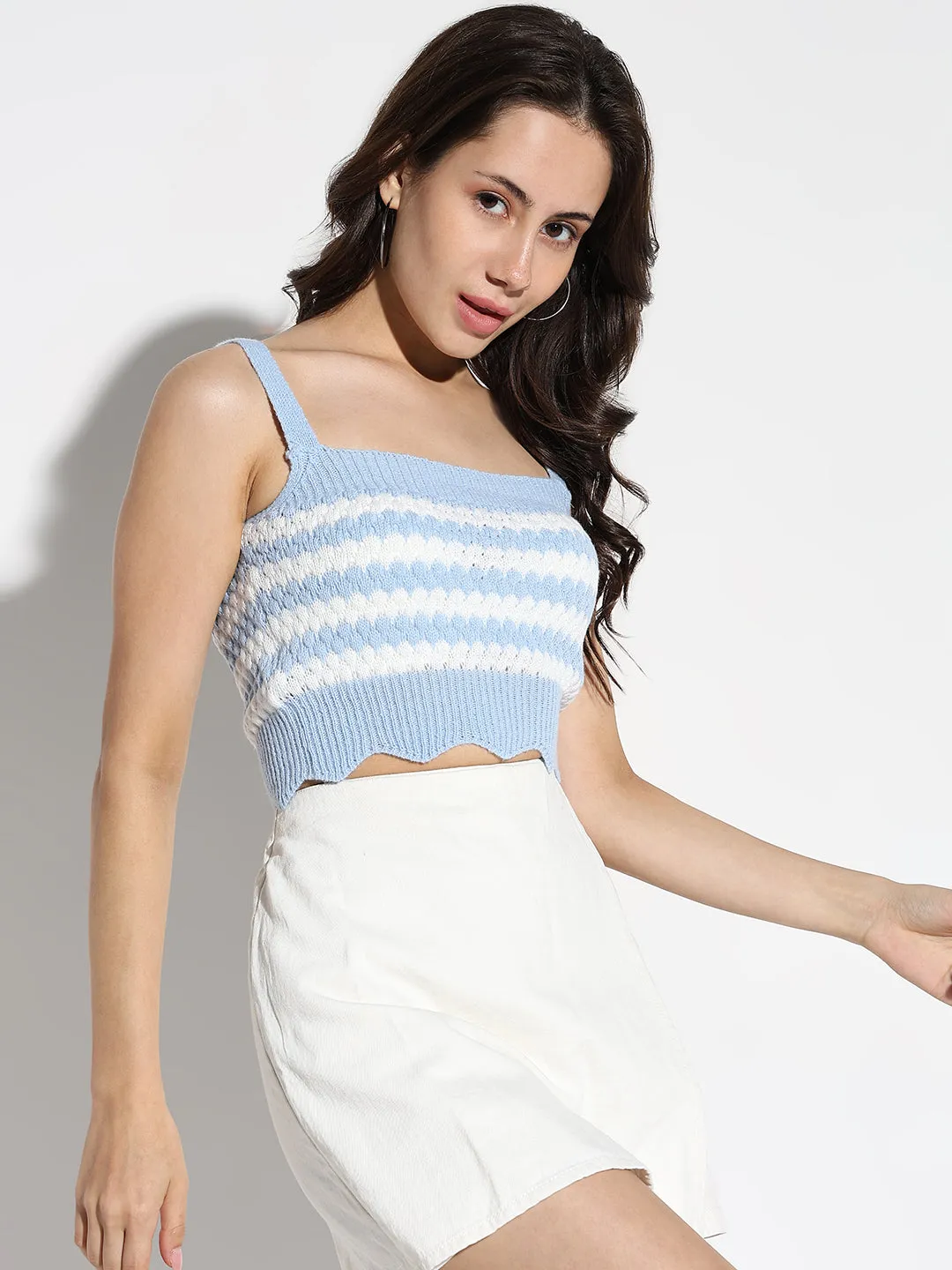 Women Blue Striped Fitted Crop Top