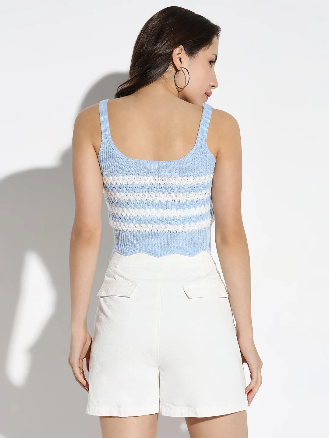 Women Blue Striped Fitted Crop Top