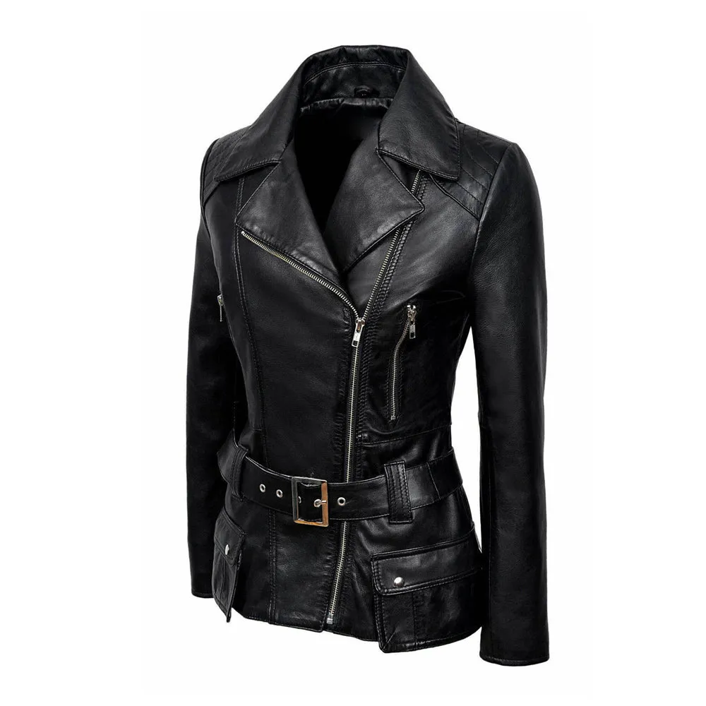 Women Feminine Retro Vintage Biker Leather Jacket