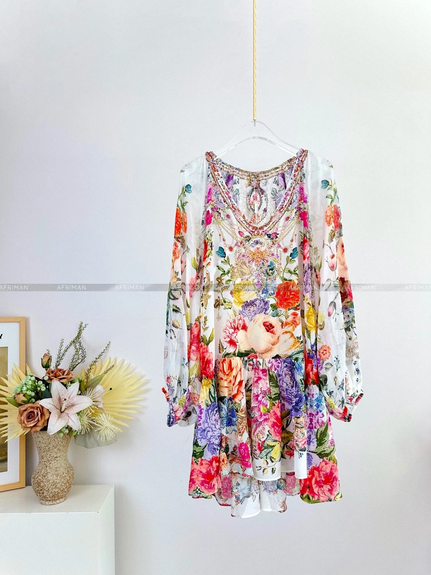 Women V Neck Crystal Beaded Long Sleeve Flower Print Low Waist 100% Silk Loose Mini Dress