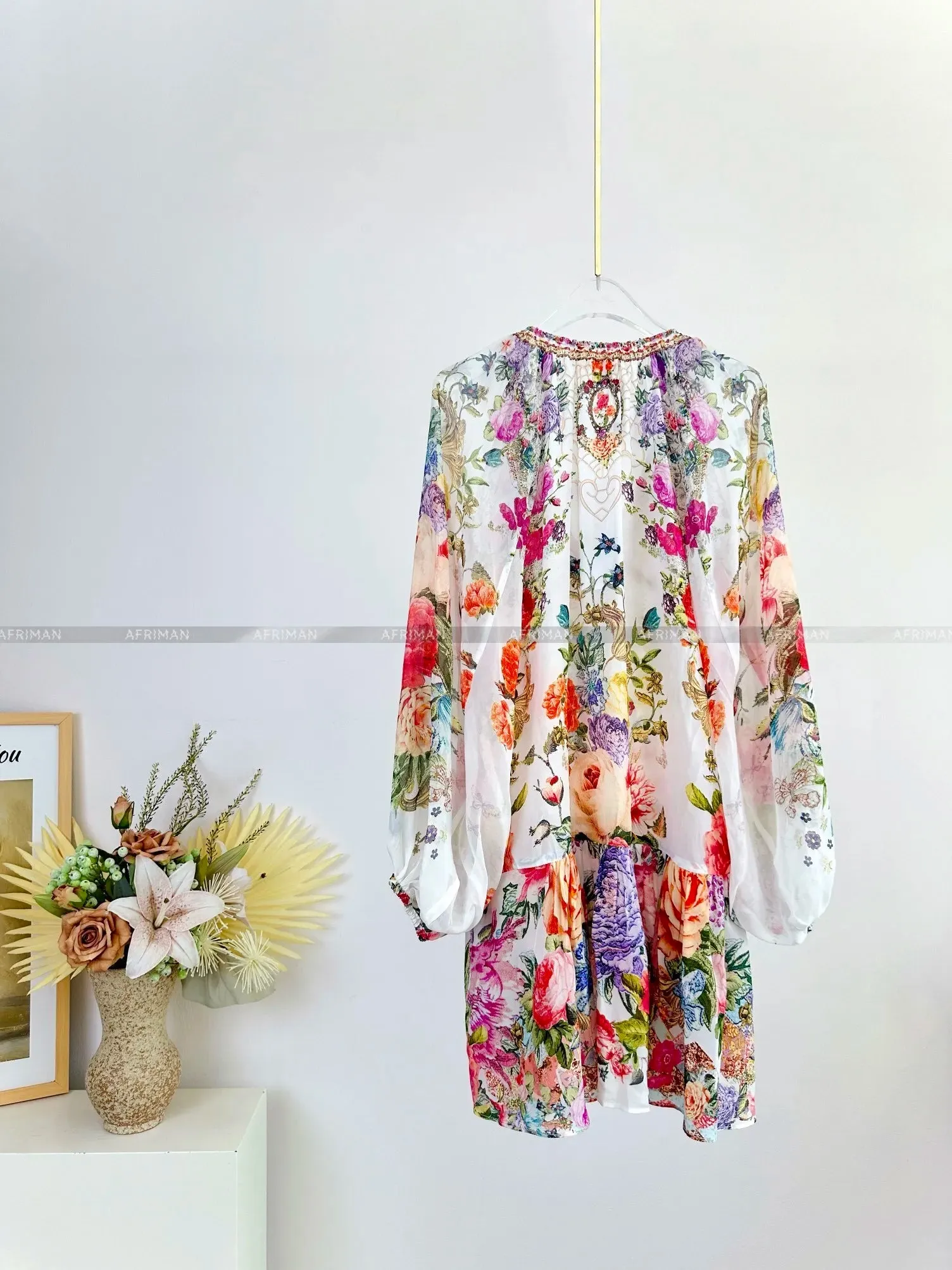 Women V Neck Crystal Beaded Long Sleeve Flower Print Low Waist 100% Silk Loose Mini Dress