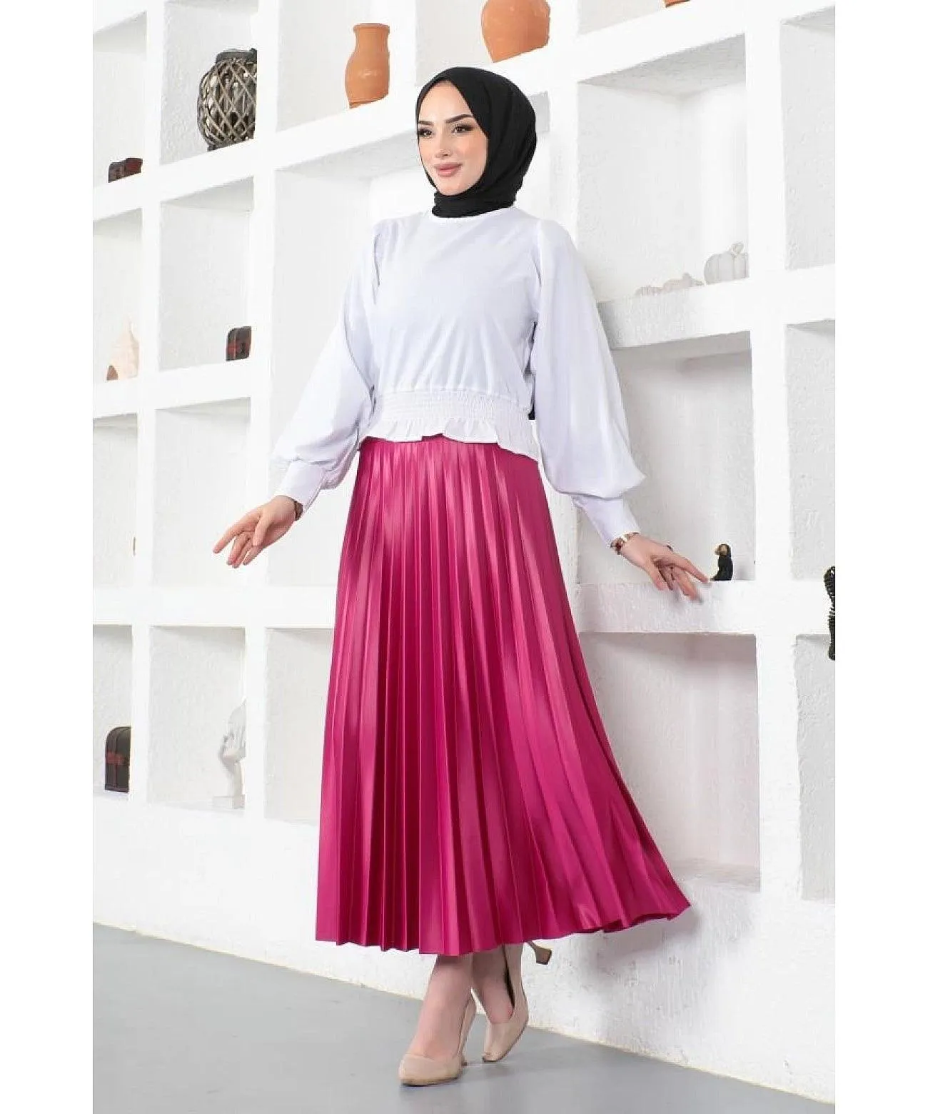 Womens Pleated Maxi Long Skirt - Fuschia Pink