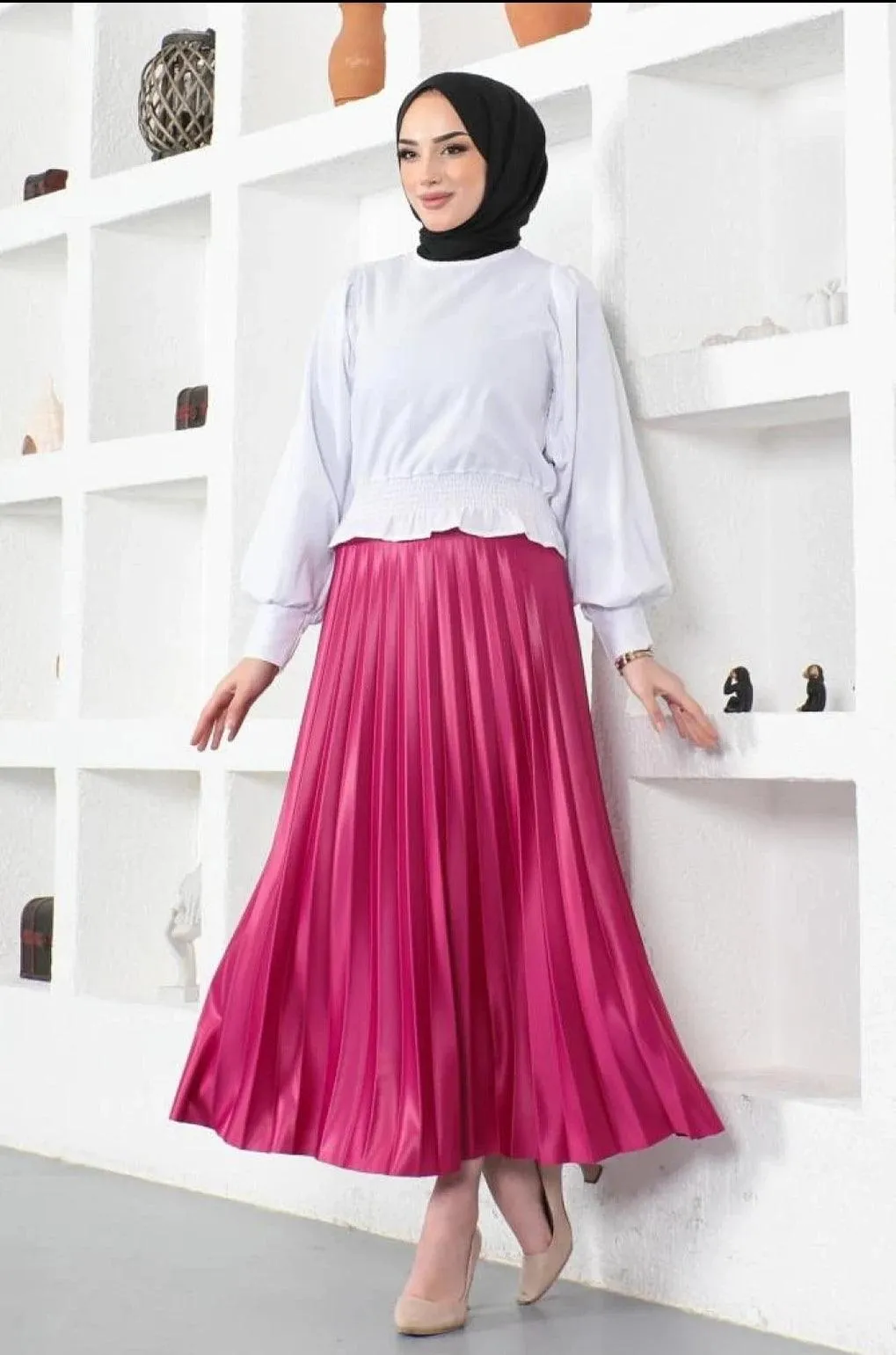 Womens Pleated Maxi Long Skirt - Fuschia Pink