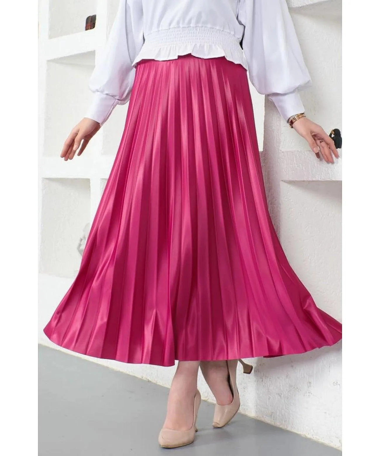 Womens Pleated Maxi Long Skirt - Fuschia Pink